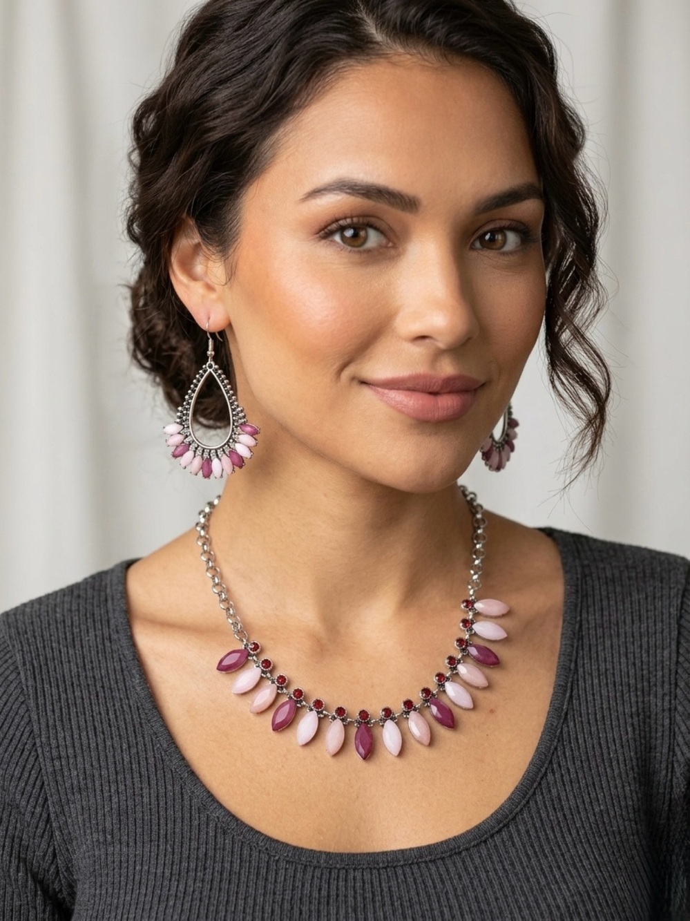 Pink and Silver Leaf Necklace Set